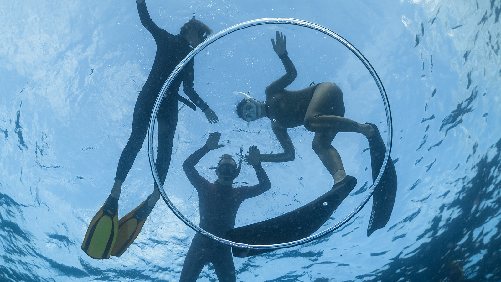 Freedivers in a bubble ring